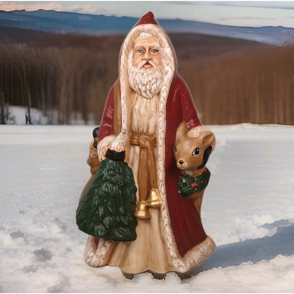 Santa Claus Ceramic Old World With Deer And Christmas Tree Handpainted Figurine